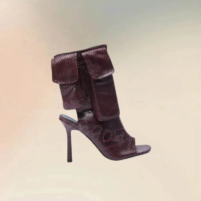 

Burgandy Fish Scale Print Pockets Design Boots Side Zipper Women Shoes Thin High Heels Open Toe Party 2025 Zapatos Para Mujere