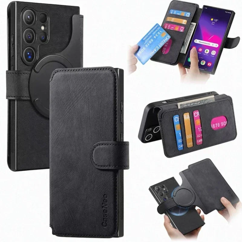 Für Magsafe-Hülle mit magnetischem Kartenhalter Flip-Cover für Samsung Galaxy S26 S25 S24 S23 Plus Ultra FE Edge A57 PU-Lederhüllen.