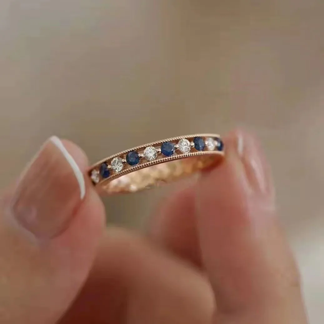 

Luxury 18K Rose Gold 1ct Blue Sapphire Moissanite Infinity Band Ring 14K Gold Lab Diamonds Wedding Engegment Ring Fine Jewelry