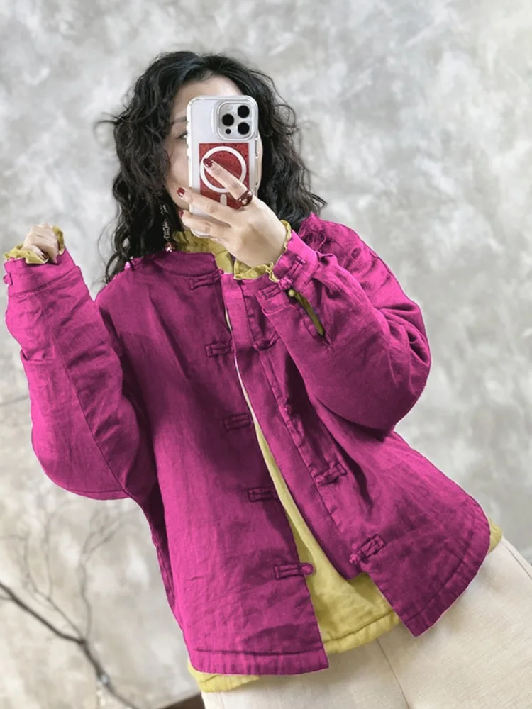 

New Chinese Style Red Cotton Jacket Women's Winter Fashion Anti-Aging Zen Style Linen Cotton Tang Suit Long Sleeve Button up