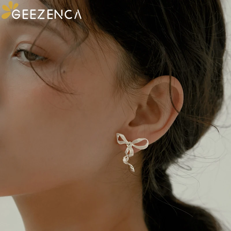 GEEZENCA 925 Sterling Silver 3D Bowknot Earrings For Women Original Design French Chic Dancing Silk Ribbon Earring 2023 New Gift