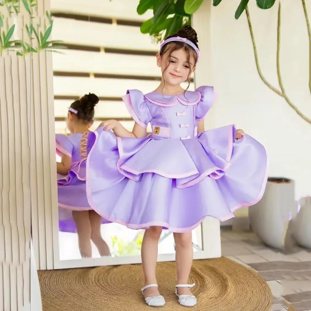 

Лавандовое платье для девочки на свадьбу, атласное, длиной до колена, многоярусное, пышное, милое, элегантное, для маленькой девочки, на день рождения, бальное платье, на заказ