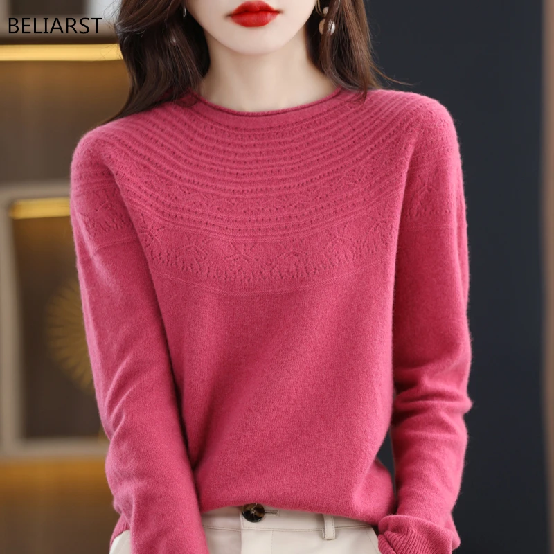 Seamless Cashmere Sweater Ladies Rolled O-Neck Pullover 2022 Autumn/Winter New Knitted Bottoming Stranded Tops 100% Merino Wool