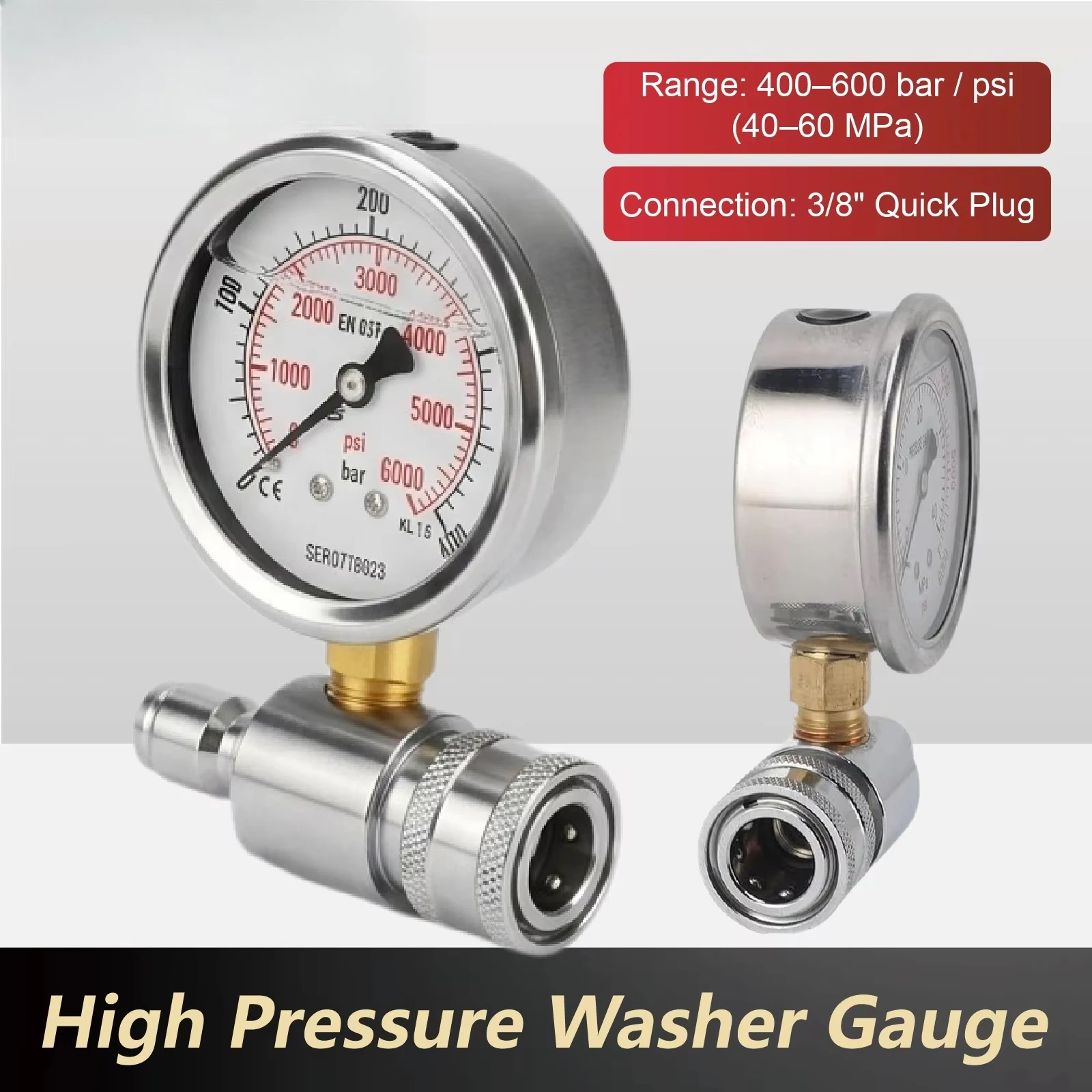 High Pressure Gauge 600Bar PSI 3/8 Pressure Washer Water Cleaning Industrial Gauge Stainless Steel Dual Scale
