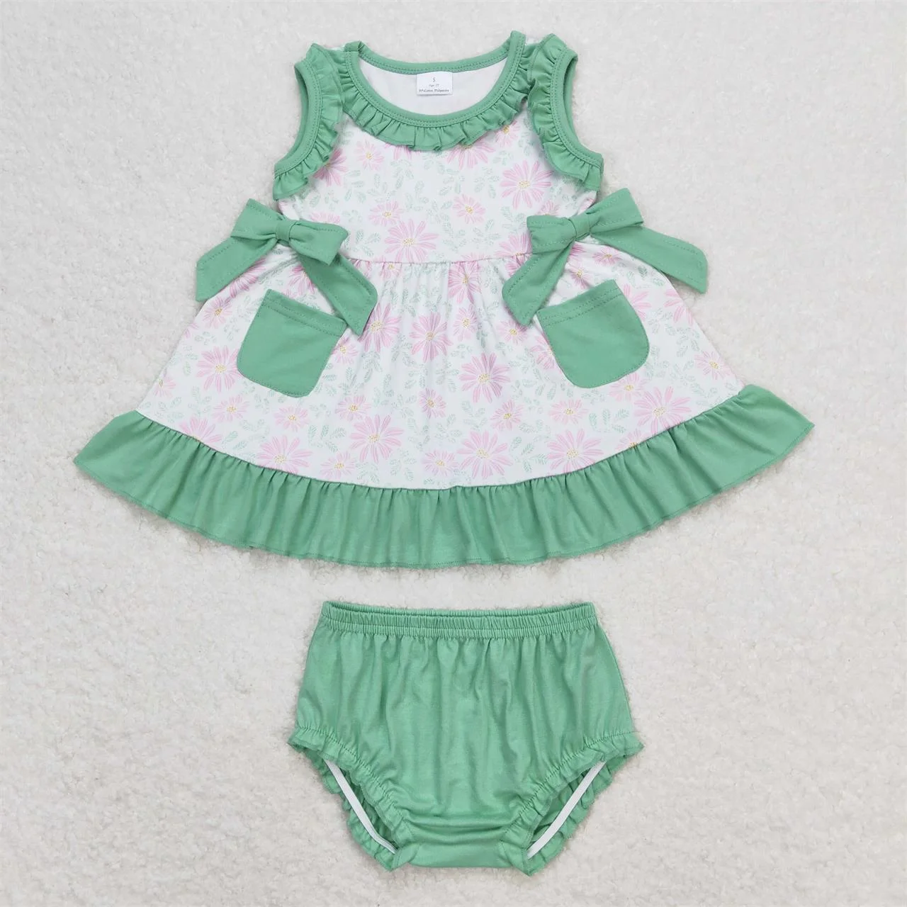 Wholesale Kids Outfit Children Sleeveless Flower Pocket Ruffle Tunic Cotton Bummie Shorts Infant Summer Baby Girl Toddler Set