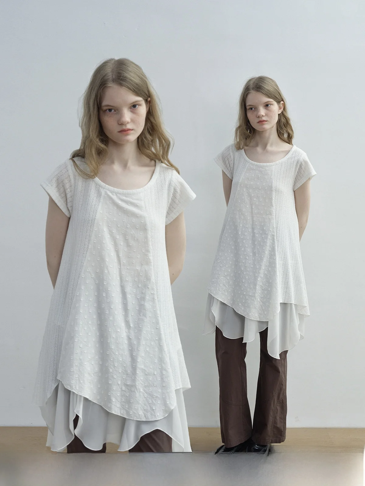 

Kokoasoko White Irregular Splicing Short Sleeve Dress Women's Summer New Loose Design Sense Skirts Casual Breathable Polyester