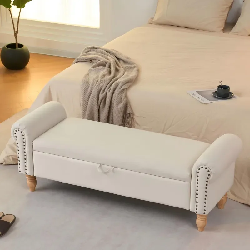 Modern storage footstool with fabric upholstery, durable solid wood legs, crimped armrests, beige seating for living rooms