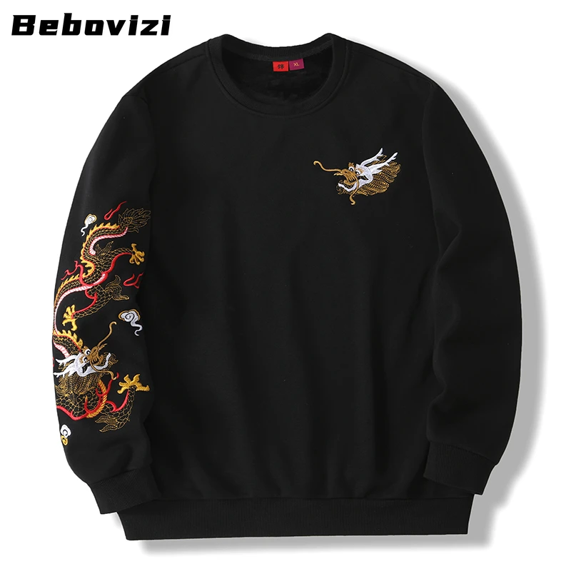 Bluza z kapturem z haftem chińskiego smoka Moda męska Streetwear Harajuku Pullover Sweatshirt Casual Hoodie Hip Hop Oversized Cotton Tops