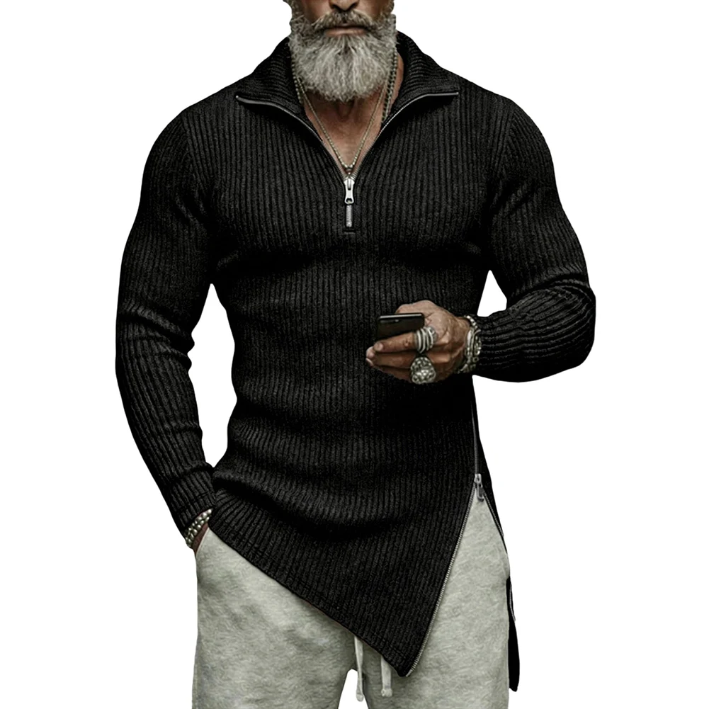Men Lapel Half Zipper Casual T-shirts Side Fork Fitness Long Sleeve Sweatshirts