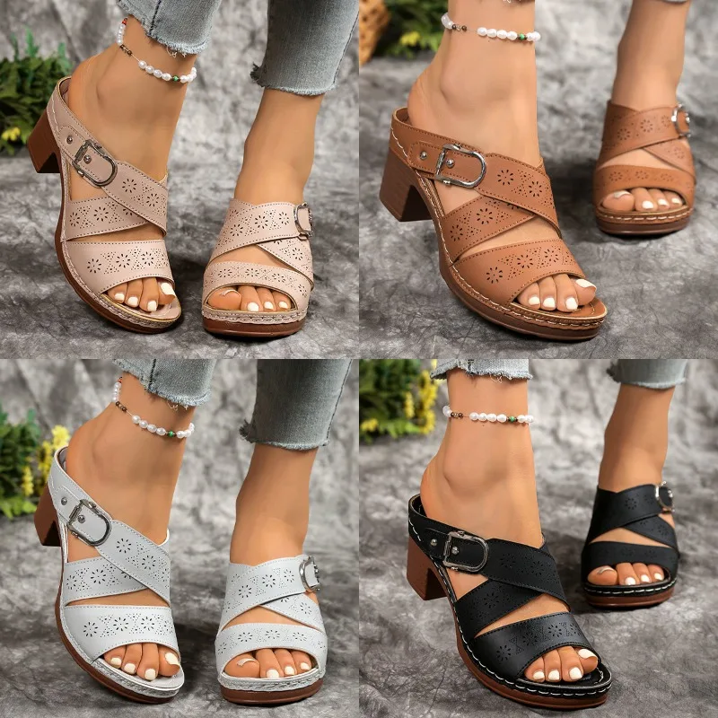 

New Fashion Chunky Heels Sandals for Women Summer 2026 Lightweight High Heel Slippers Woman Comfort Slip on Beach Sandals Mujer