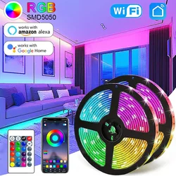 Fita LED com Wi-Fi e controle Bluetooth, luzes RGB, fita flexível, retroiluminação de TV, decoração do quarto, 1m-30m, 5V, USB, 5050