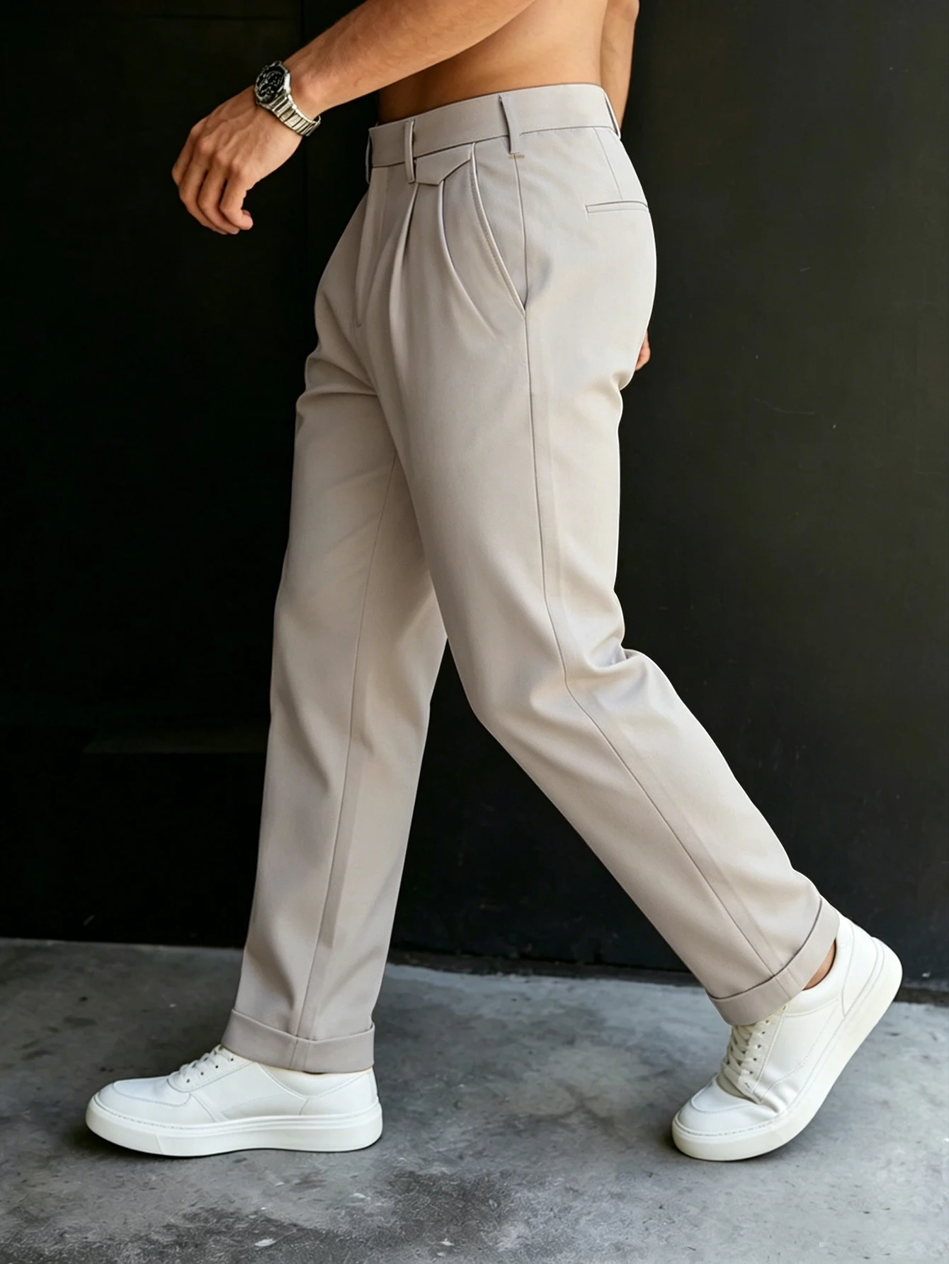 Herren Gurkha High-Waist Plissierte, Gekräuselte, Schmal Geschnittene, Kurze Anzughose, 100% Polyester Business Casual Beige Chino-Hose – Detail 4