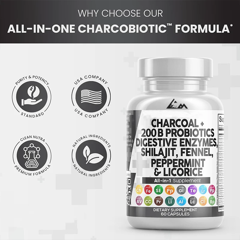 Activated carbon capsule Shilajit pill probiotics+digestive enzymes, peppermint fennel, licorice, papain, turmeric