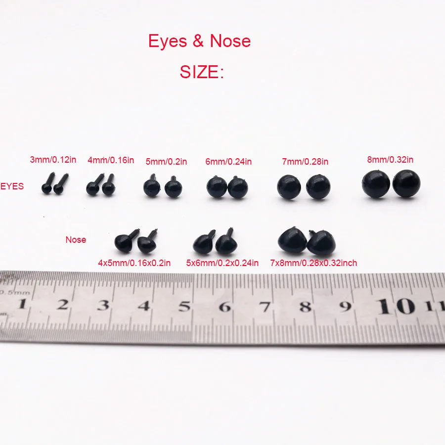 200pcs 3/4/5/6/7/8mm Plastic Mini Black Safety Eyes Triangle Nose for Doll for Teddy Dog Stuffed DIY Doll Animals Plush Doll
