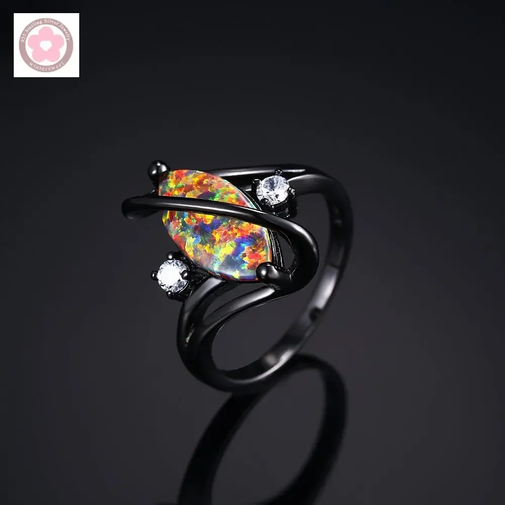 JLR-013  Black Gold Plated Multicolor Opal White Zircon Fashion Jewelry For Women Cocktail Ring