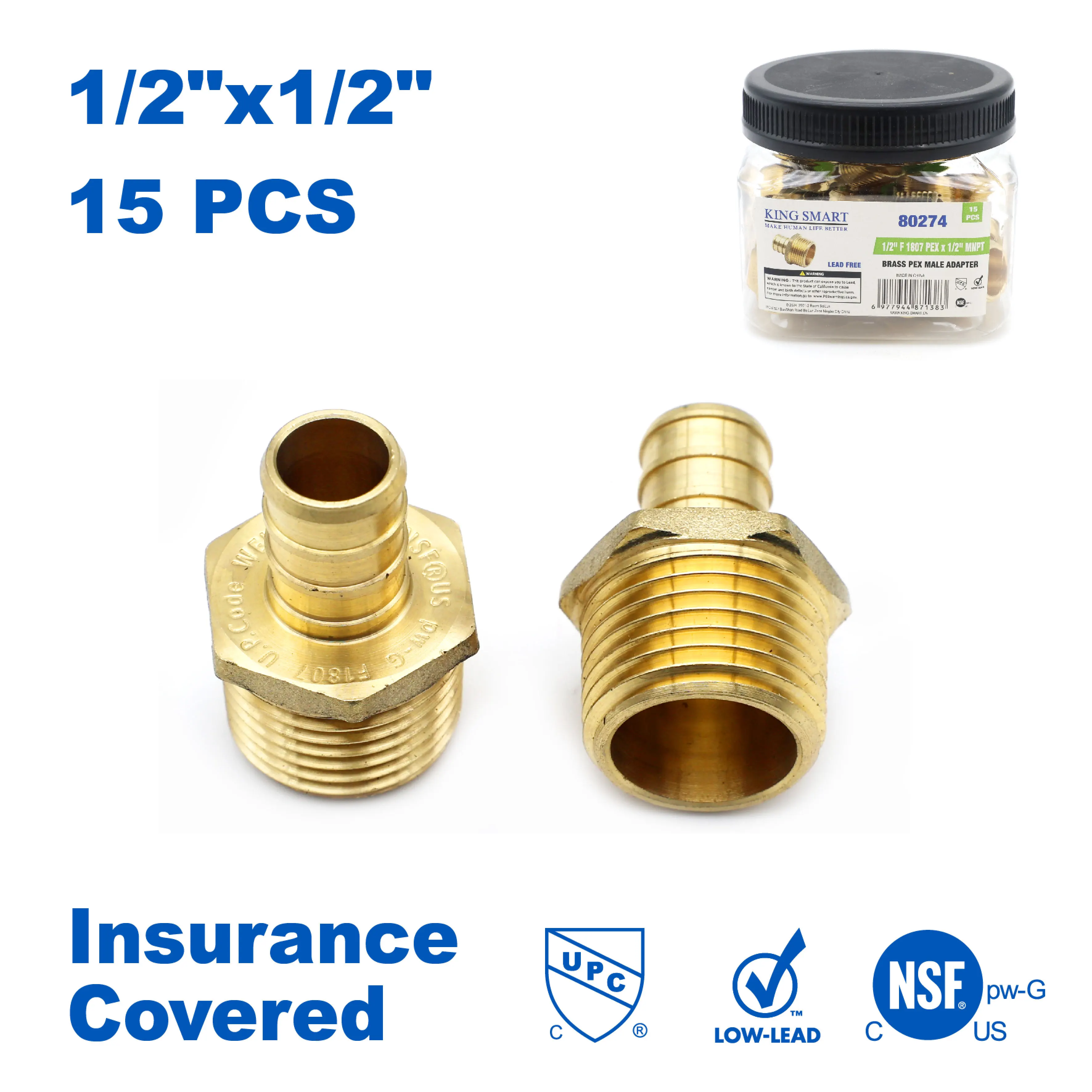 

KING SMART 1/2" F1807 PEX * Прямой переходник NPT с наружной резьбой 1/2"; Бессвинцовая латунь; 15 шт./корпус; 80274