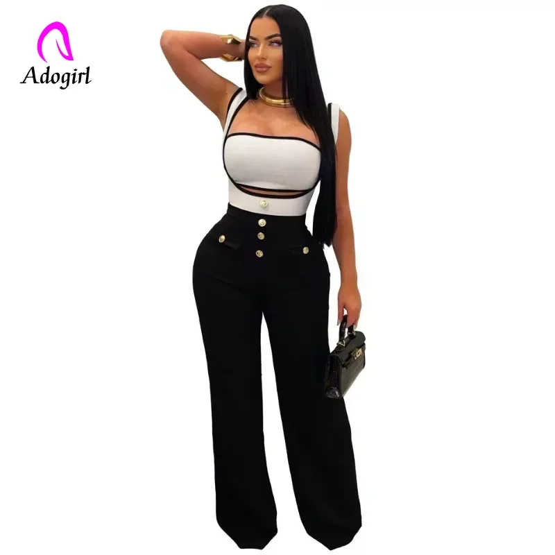 

Strapless Fashion Women 2 Piece Set Crop Top Color Patchwork Buttons 2024 Spaghetti Straps Wide Leg Pants Jumpsuits Streetwear