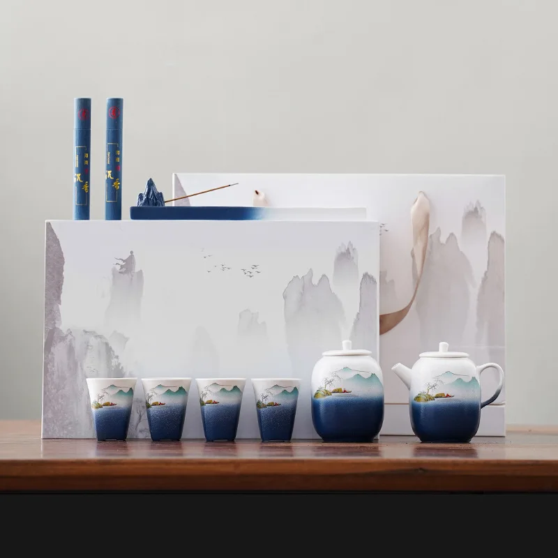 Ceramic Kung Fu Tea Set Creative Set Incense Cultural Creative Real Estate Company Corporate Business Gift for Giving