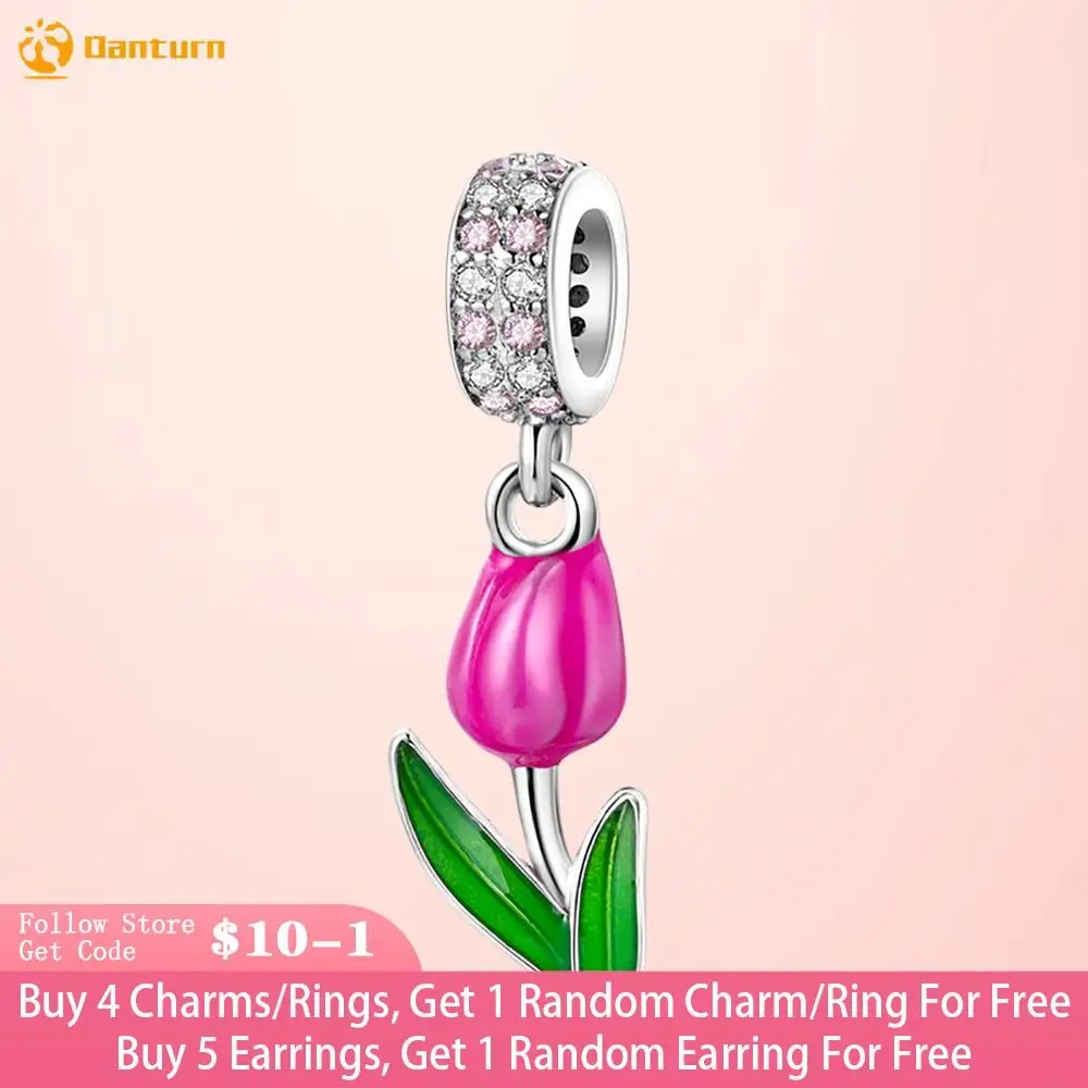 

Danturn 925 Sterling Silver Beads Pink Tulip Dangle Charm fit Original Pandora Bracelets Fashion Women Jewelry