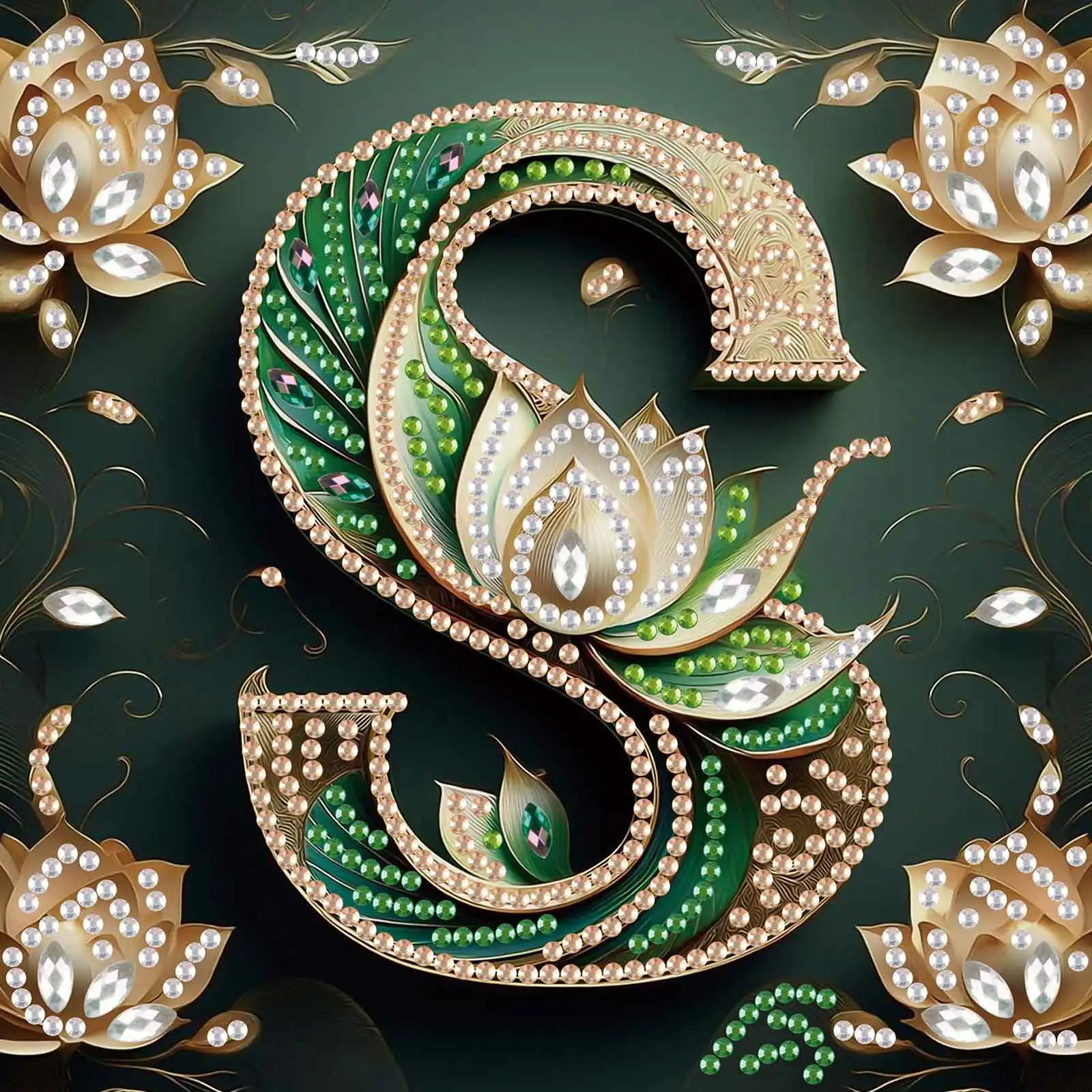 The letter S Special Shape Diamond Art Kits for Beginners,Green Theme Lotus DIY Diamond Painting Kits for Decor Gift 6.69x6.69in