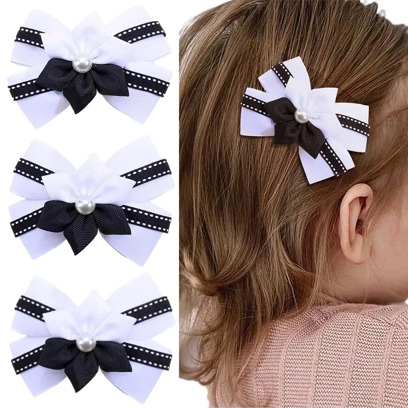 

ncmama 2Pcs/set New Colorblocked Flower Pearl Bow Hair Clips for Baby Girls Cute Ribbon Hairpin Kids Headwear Hair Accessories