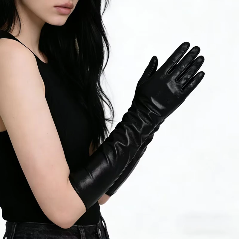 Women 39cm Long Black PU Leather Gloves Cosplay Stage Performance Fashion Winter Keep Warm Velvet Lining Windproof Mittens