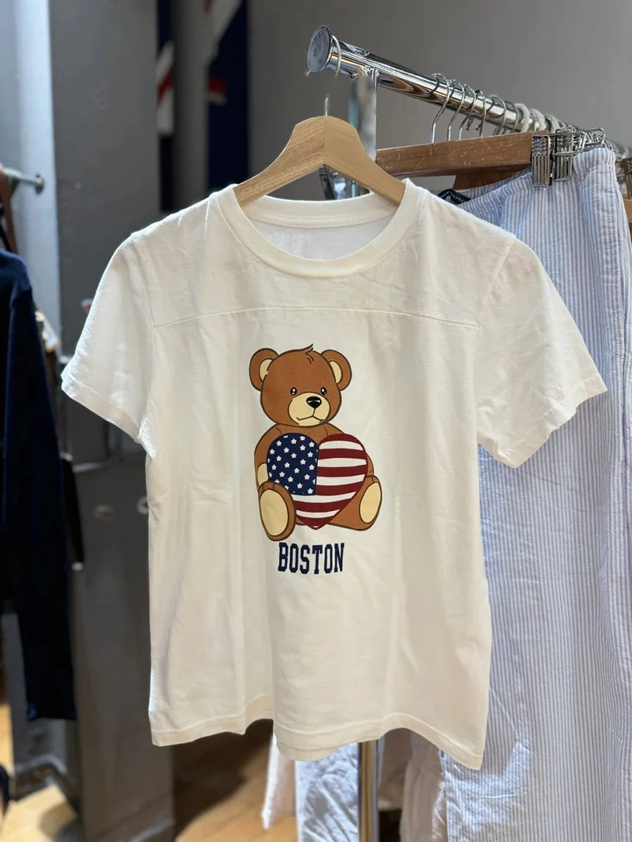 

Женская футболка с принтом Love America Bear, летняя Винтажная футболка с круглым вырезом в стиле преппи, Y2k