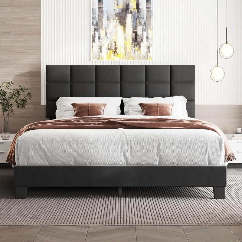 

Queen Bed Frame with Headboard Linen Upholstered Bed Frame with Wood Slats Support, Button Tufted Design,Dark Grey