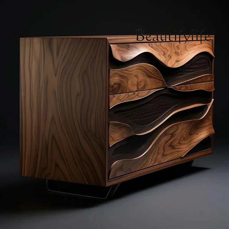 X40 Nordic Retro Black Walnut Solid Wood Entrance Cabinet Designer Model Creative Upscale Sideboard Cabinet