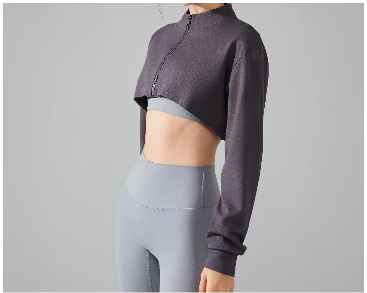 VITALINOVO Damen-Cardigan-Jacke mit Reißverschluss, langärmlig, kurzes Sweatshirt für Yoga, Workout, Laufen, Fitness, Cut-Out-Shirts, Oberteil – Detail 6