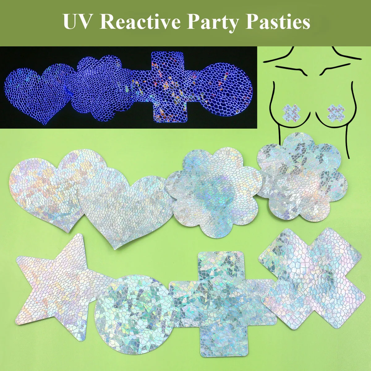 

4PCS New UV Reactive Multi Shaped Disposable Nipple Covers With Cross Flower Heart Designs For Party Club Festival Nightwear Use