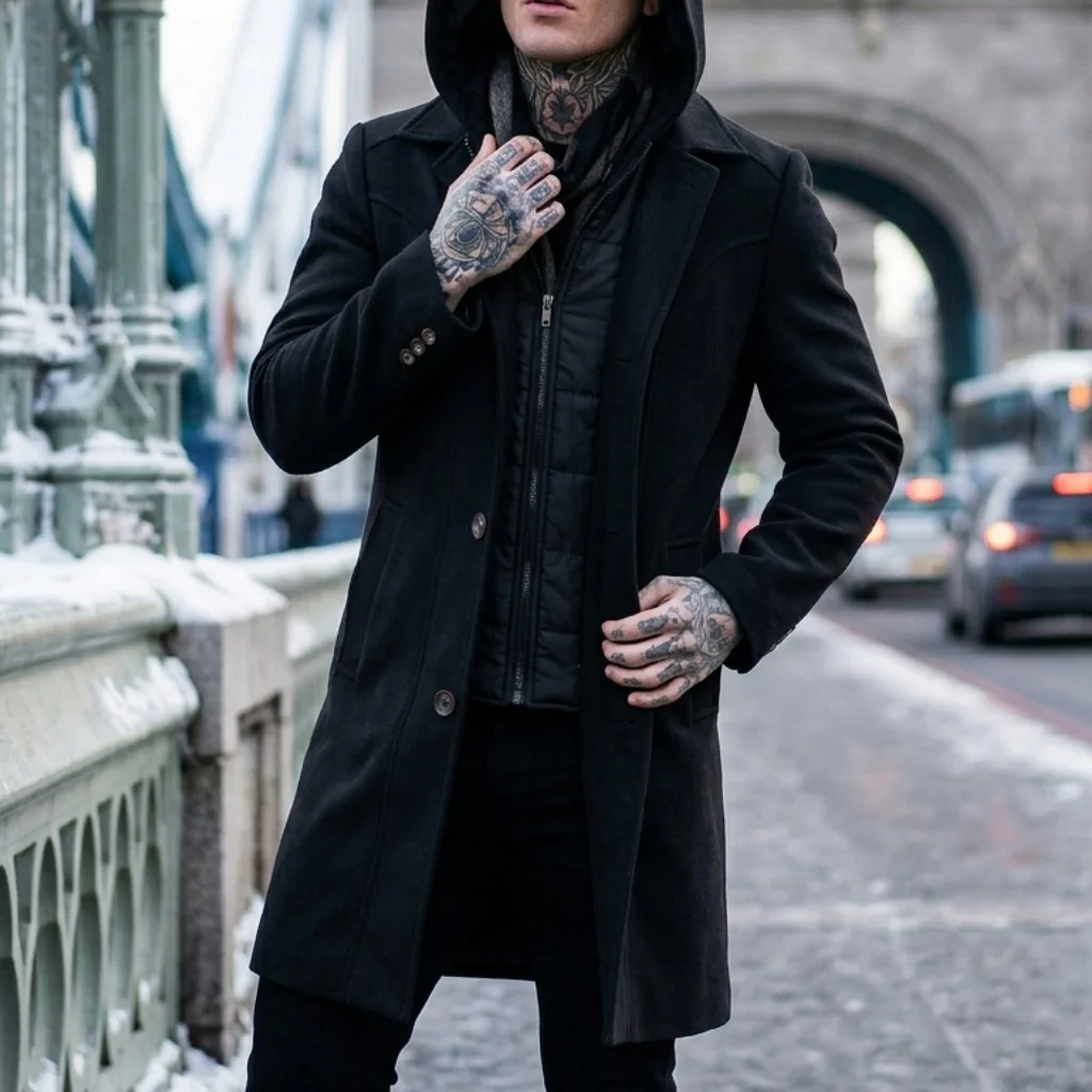 New Autumn-Winter Men's Double-Layered Hooded Overcoat Warm Durable Street Smart Casual Long-Length Outerwear for Men