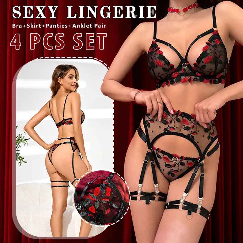 New Sexy Women Lingerie Set Lace Embroidery Push Up Bra Panties Sets Deep V Gather Top See-through Teddies Bodysuit Erotic Sexy