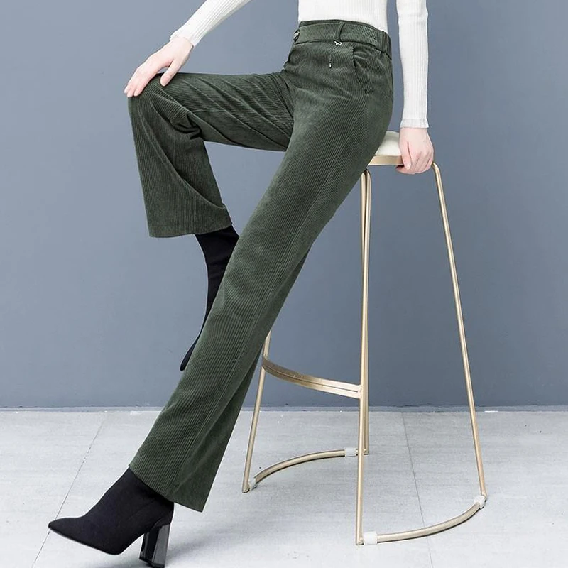 Women's Clothing Vintage Corduroy Office Lady Straight Wide Leg Pants Solid High Waist Elegant Trousers Autumn Winter Pantalones