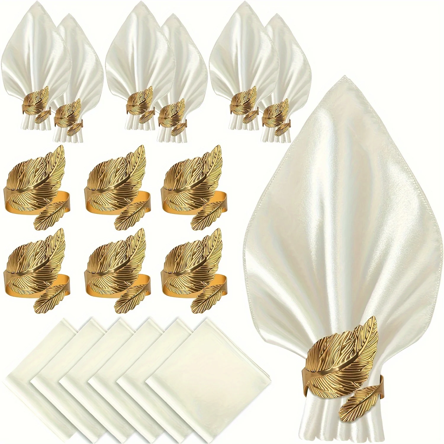 Luxurious 12pcs Dining Table Decor Set with Soft Square Napkins, Golden Napkin Rings, and Leaf-Shaped Buckles - Ideal for Christ