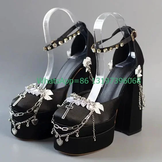 

Lady punk style Mary Janes rhinestone pumps stain chian meatl design high heels sexy lace design chunky heel platform shoes35-46