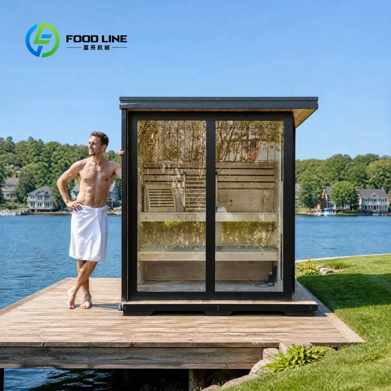Custom Luxury Pine Sauna House, Open Porch Design with Louvered Airflow Wall for Year-Round Temperature Regulation