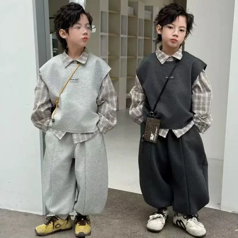 Fashion Toddle Boys Clothes Autumn Spring Vest+Shirt+Loose Pants 3Pcs Korean Version Kids Coat Casual Fashion Handsome Clothes