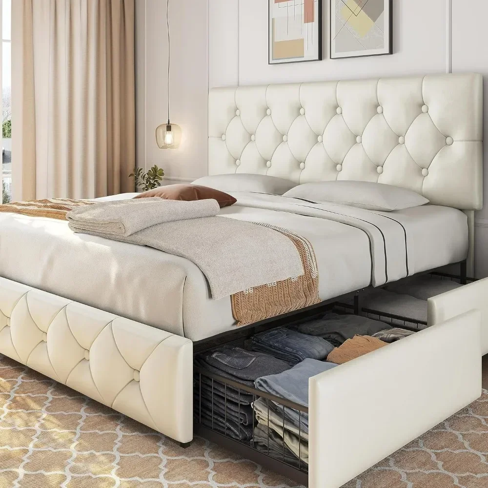 Upholstered Bed Frame, Faux Leather Platform Bed with Mattress Foundation and 4 Drawers and Adjustable Headboard, Bedroom Beds