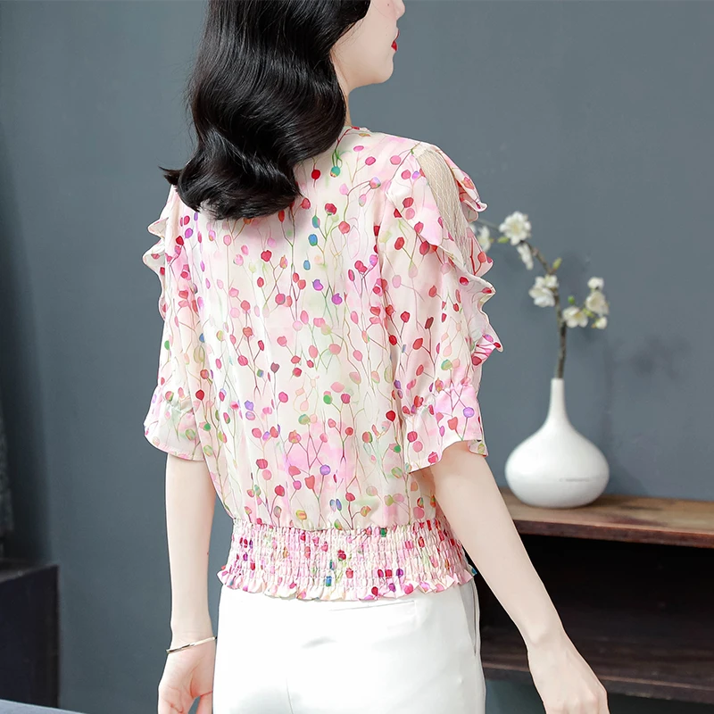 Korean Fashion Floral Printed Shirt Patchwork Mesh Tops Half Sleeve Ruffles Chiffon Blouse Casual Women Clothing