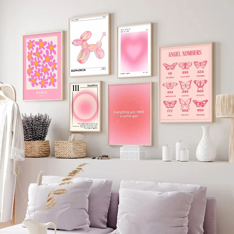 Tableau sur toile abstrait avec motif de fleurs et chiffres anges roses, idéal pour exposition, affiche ou impression murale pour salon
