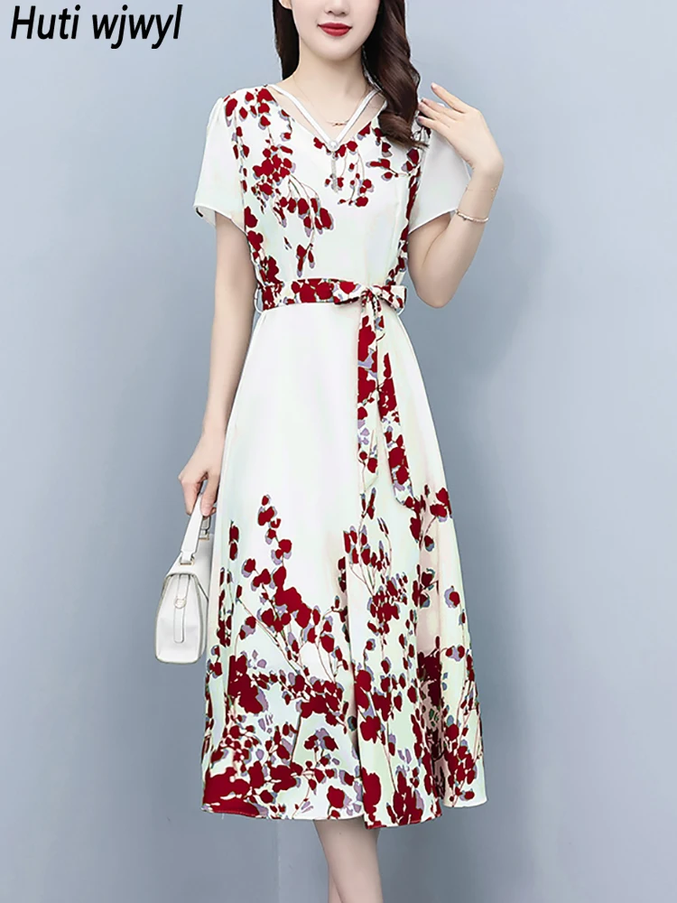 Beach Style Red Floral Chiffon Long Dress for Women Summer Elelgant Casual Holiday Dress 2024 Korean Vintage Bodycon Party Dress