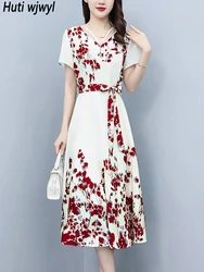 Beach Style Red Floral Chiffon Long Dress for Women Summer Elelgant Casual Holiday Dress 2024 Korean Vintage Bodycon Party Dress