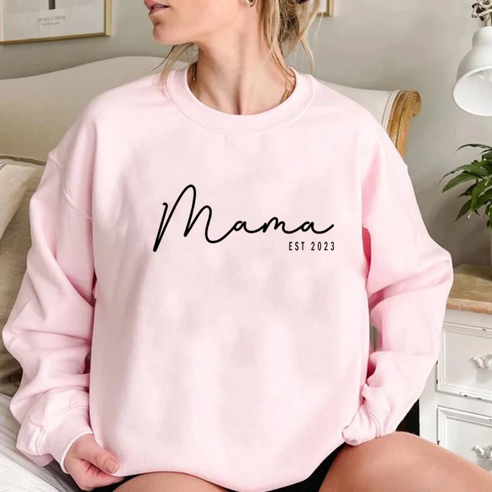 Mama Est 2023 Sweatshirt Mothers Day Gift Women Long Sleeve Crewneck Sweatshirts Personalized Hoodie New Mom Gift Casual Tops