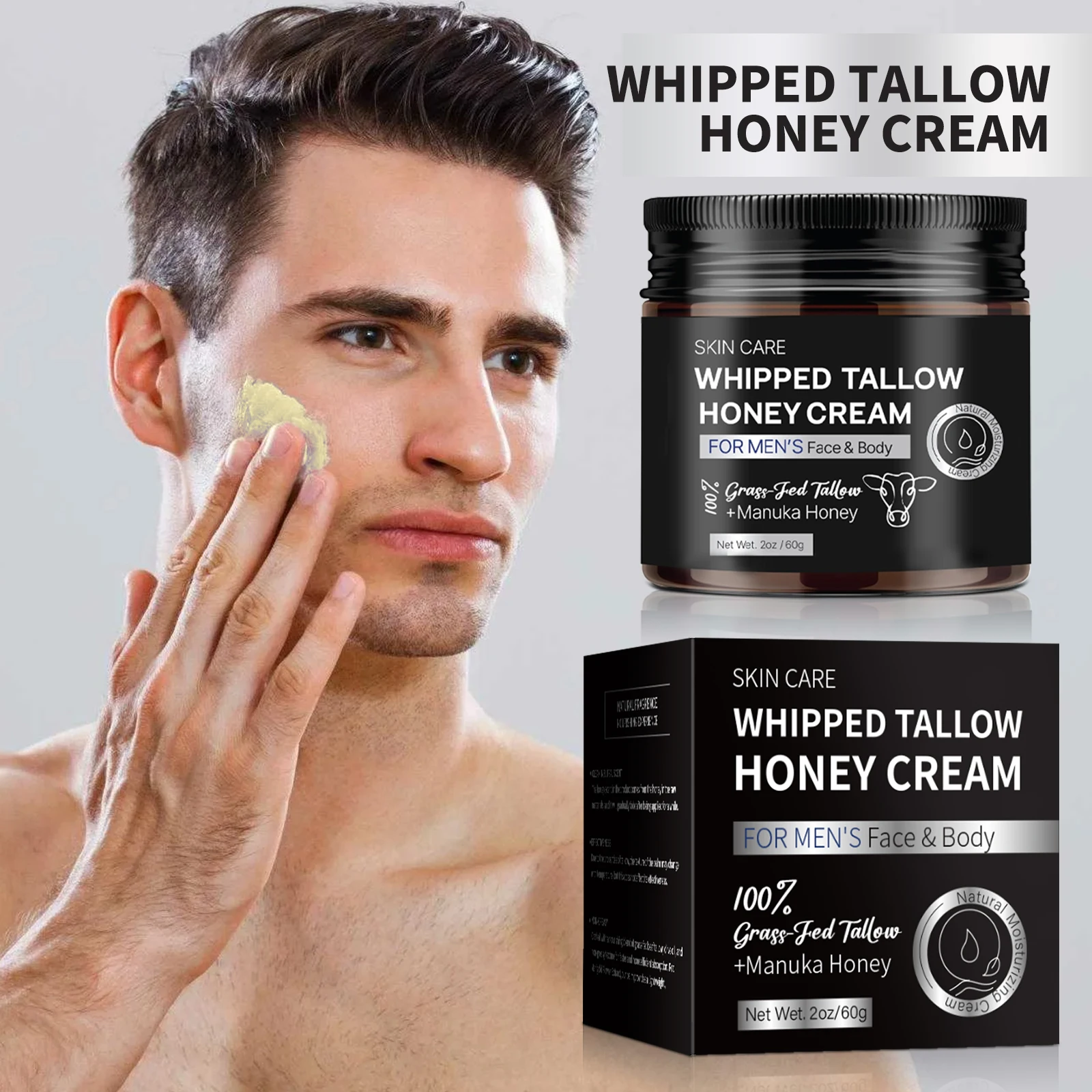 Men's Whipped Tallow Honey Cream 60g - Tallow & Manuka Honey, Non-Greasy Moisturizing Face & Body Balm for Dry Skin Care.