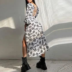 Floral Dress Women Slit Short Sleeve Bandage Mid-Length Casual Dress Square Collar Slim Printed Sexy Maxi Summer Dress