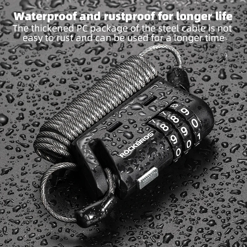 ROCKBROS Portable Bicycle Lock Password Rope Helmet Lock Bicycle Safety Lock Steel Wire Lock Mountain Bike Backpack Lock Zinc