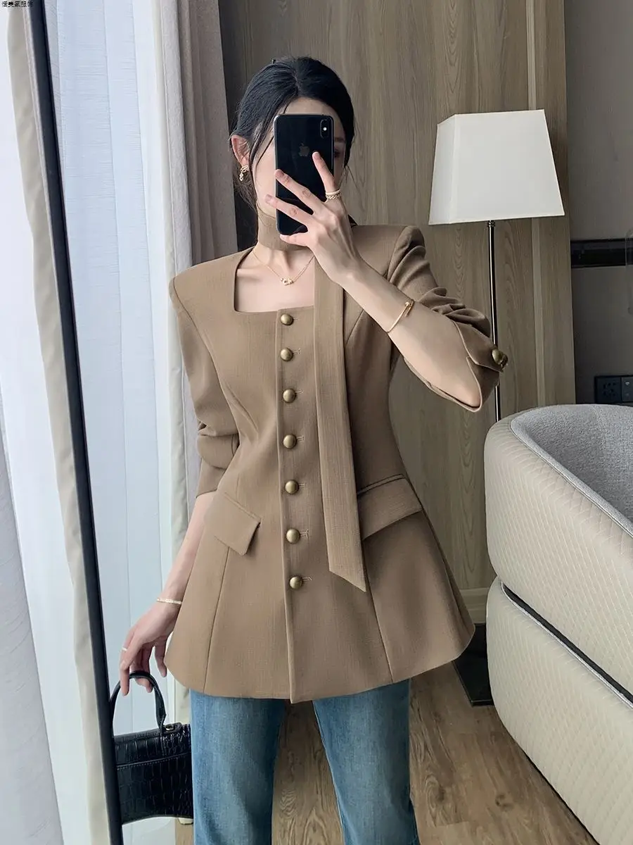 

Commuter Style Long-sleeved Suit Jacket Women Spring Autumn New Style High-end Temperament Waist-hugging Square Collar Suit Top