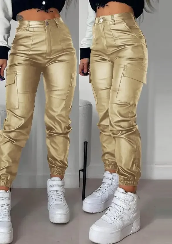 Women's Cargo Pants Fashion Street Trends Pocket Design Cuffed Y2k Tight PU Leather Trousers Autumn High Waist Pant Female