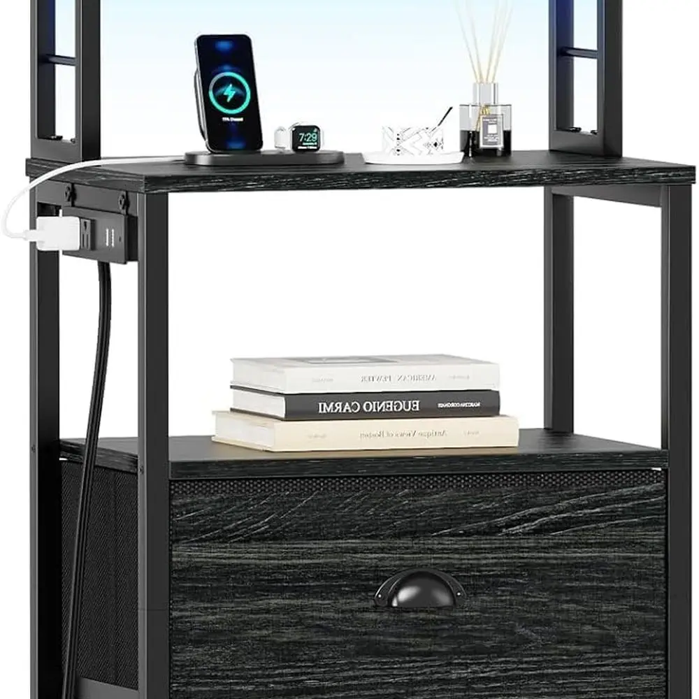 

LED Lighted Charging Station Nightstand, 2-Drawer End Table with Storage Shelves, Bedroom Nightstand with Pegboard, Black Oak Fi